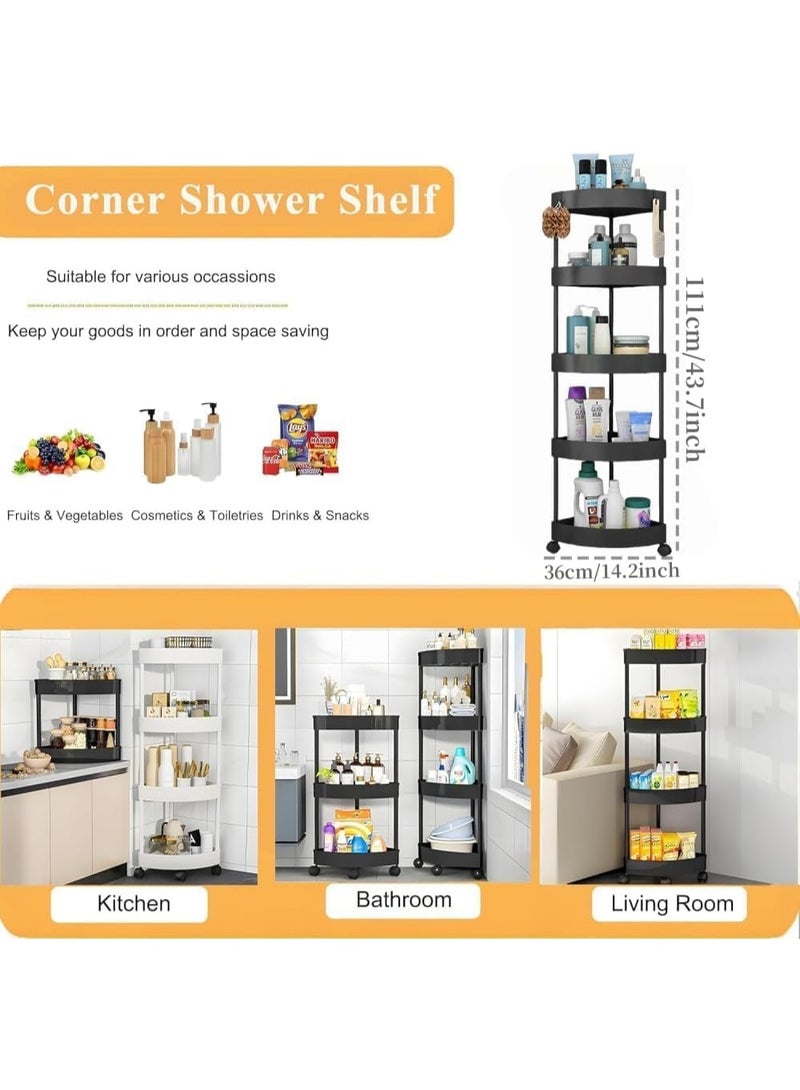 INSIJAM 5-Layer Shower Caddy Corner Shelves Bathroom Shelving Unit Cart with Wheel Plastic Shower Caddy Organizer Shelf and Hooks Rust Proof Corner Open Storage Cart for Bathroom Kitchen Laundrys - Image 4